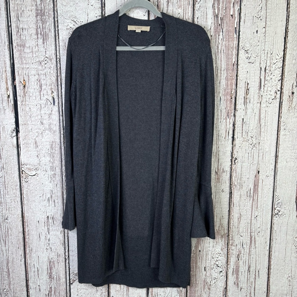 LOFT Gray Grey Open Front Long Line Cardigan Sweater Size Small Bell Tie Sleeves